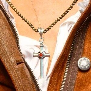 Navajo Mark Thompson Sterling Silver Red Coral Pendant W/ Ralph Lauren Necklace